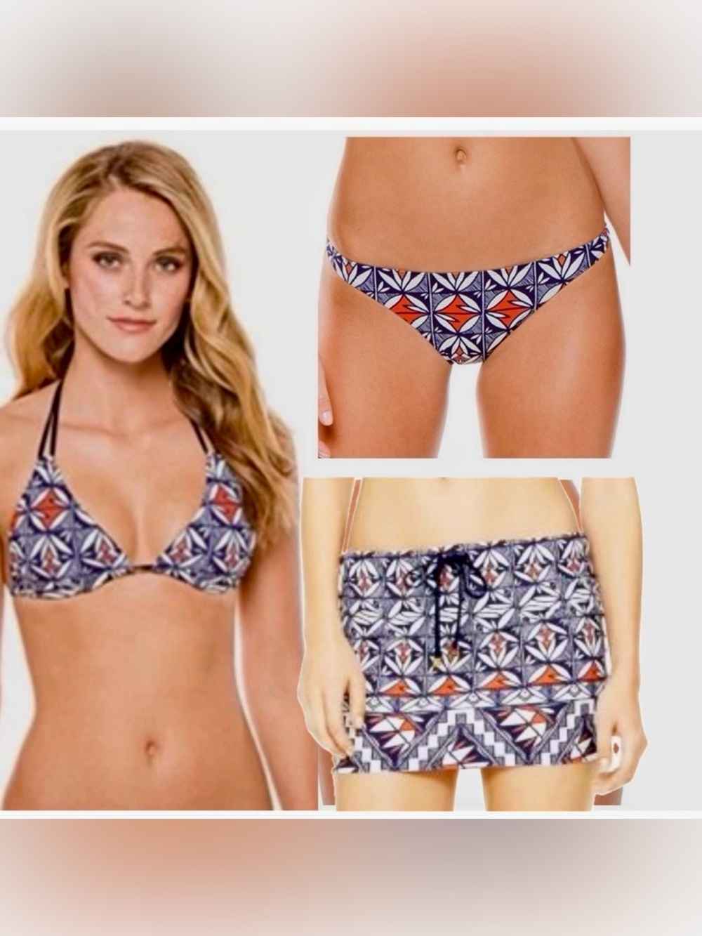 Tory Burch Acoma 3 Piece Reversible String Bikini Skirt Eurojersey Navy Stripe S